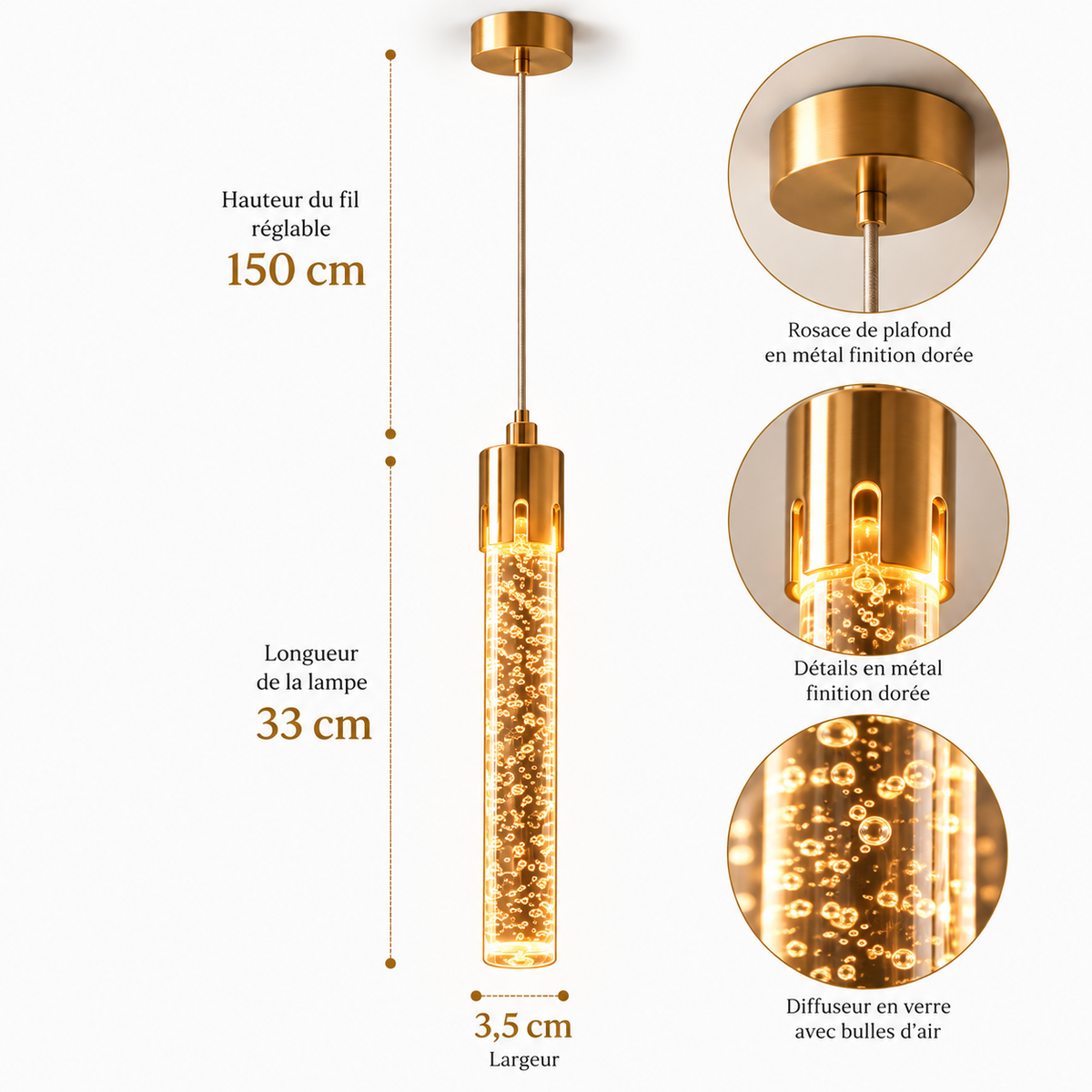 Suspension Cristal à Bulles Doré