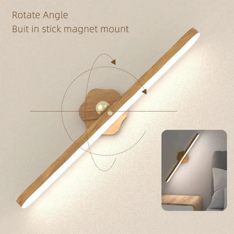 Applique Murale LED Magnétique sans Fil Rotative en Bois 
