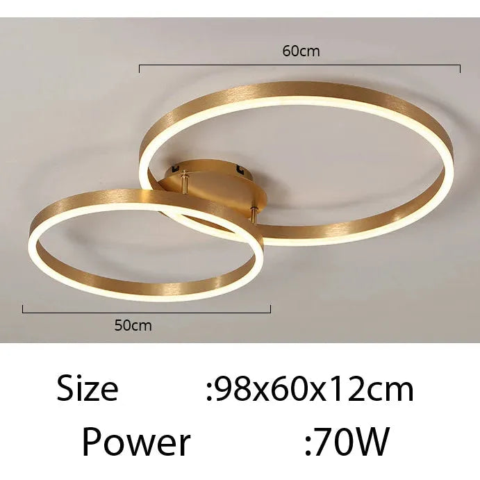 Plafonnier Design Salon 2 anneaux 50cm/60cm / Or / Luminosité Variable avec Télécommande