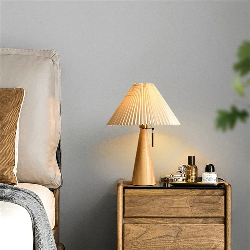 Lampe de Table Bois Abat-jour Plissé