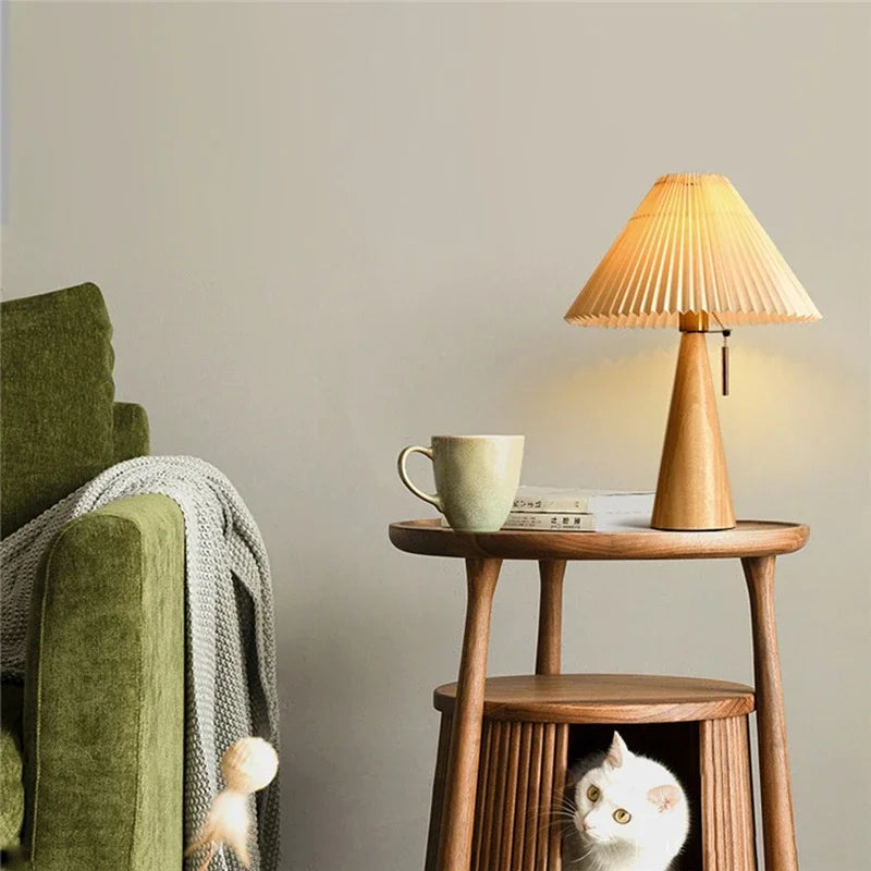 Lampe de Table Bois Abat-jour Plissé