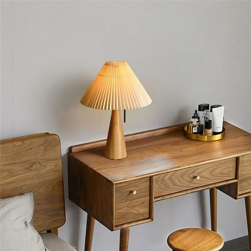 Lampe de Table Bois Abat-jour Plissé