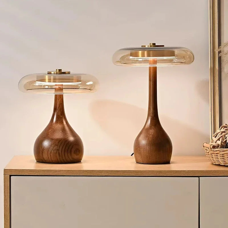 Lampe de Chevet Bois Verre Champignon