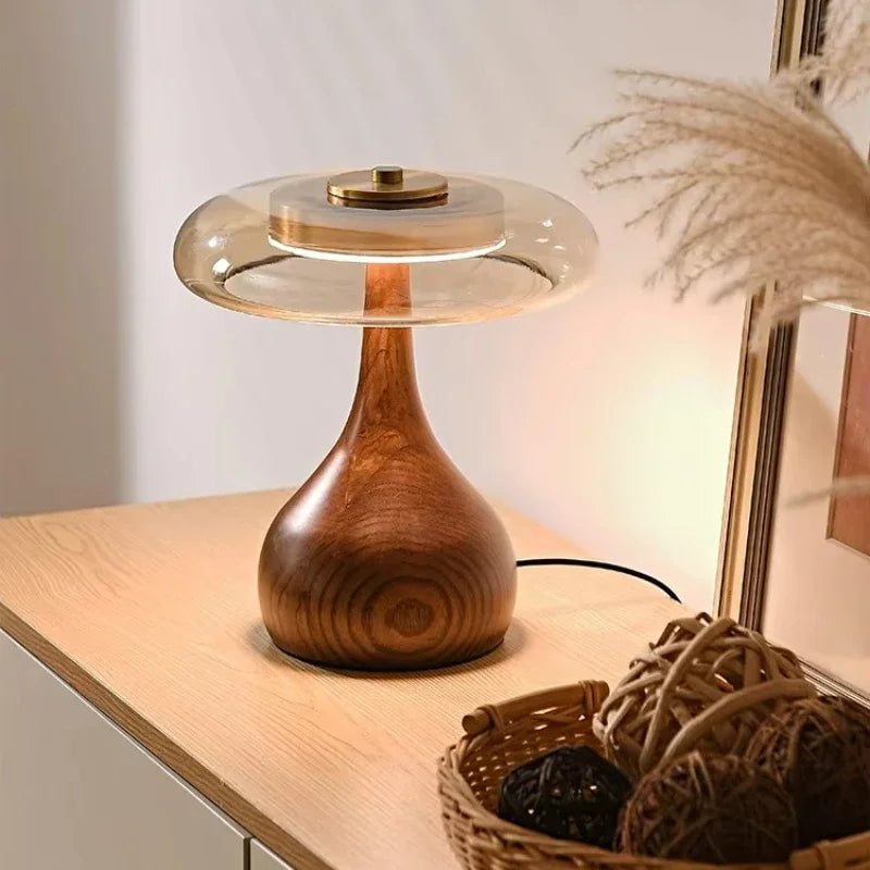 Lampe de Chevet Bois Verre Champignon