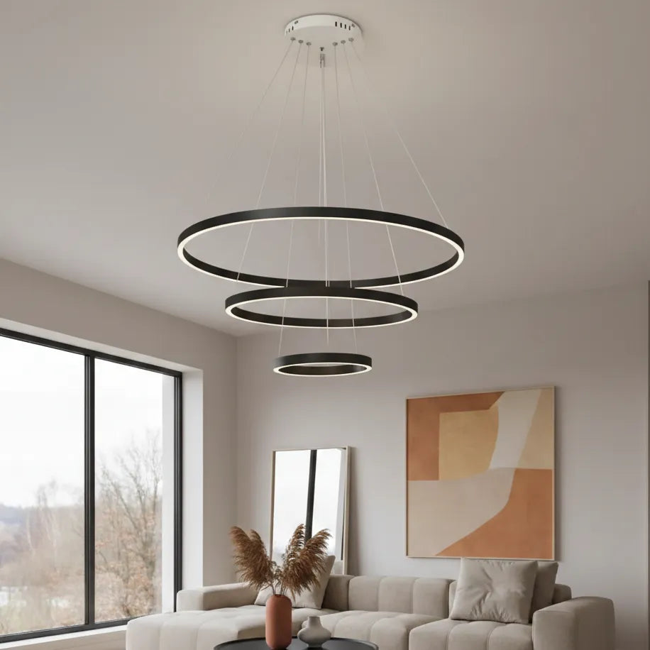 Suspension Moderne pour Salon Noir / 3 Anneaux 20-40-60cm / Froide