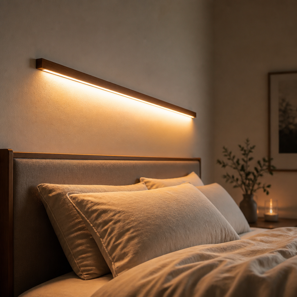 Applique Barre Bois LED Tricolore Bois Foncé - 120CM — mise en situation chambre