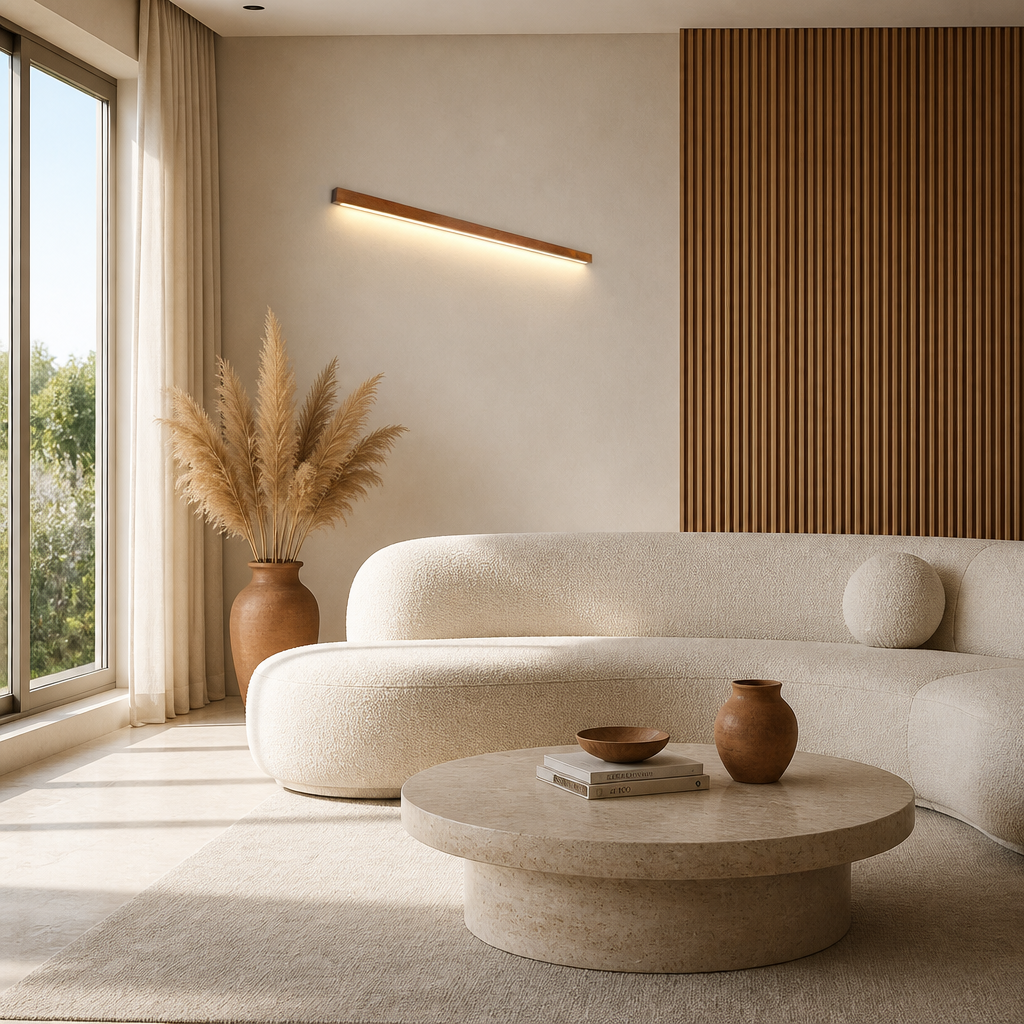 Applique Barre Bois LED Tricolore Bois Foncé - 120CM — mise en situation salon lumière du jour