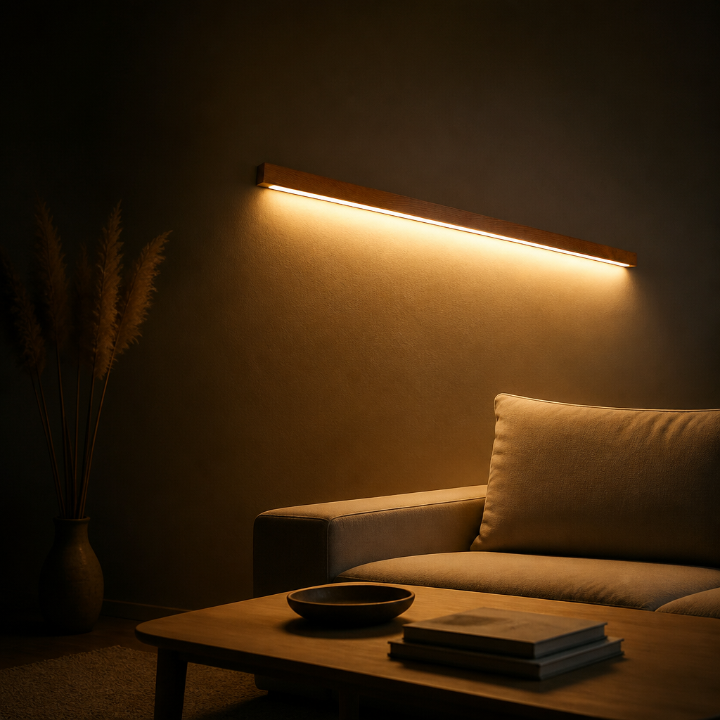 Applique Barre Bois LED Tricolore Bois Foncé - 120CM — ambiance soir salon contemporain
