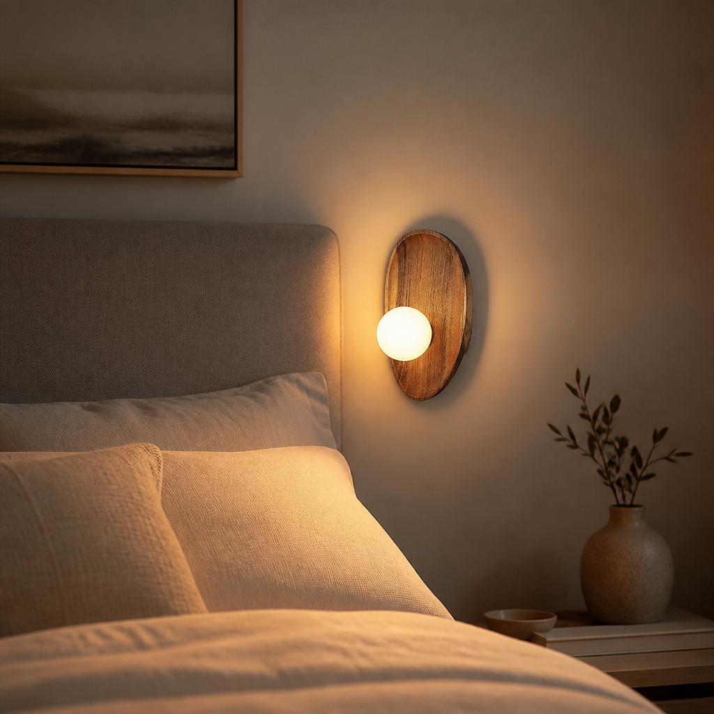 Applique Bois Globe Verre Style Japonais — mise en situation chambre