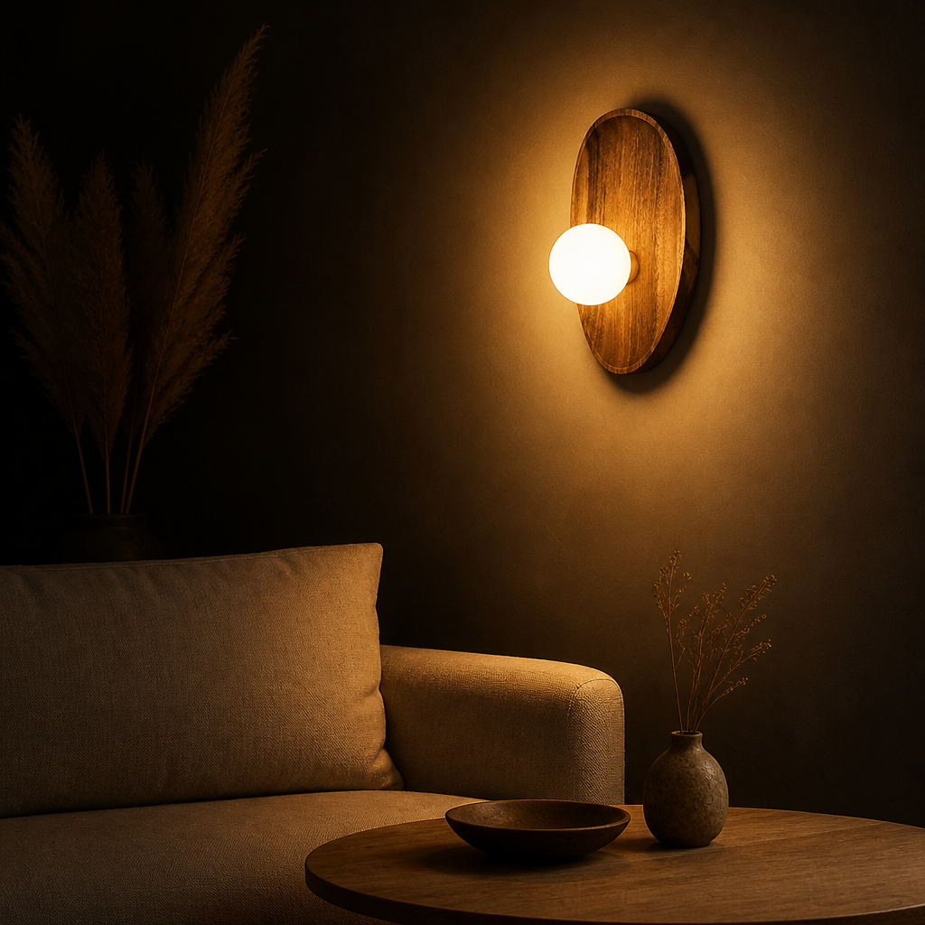 Applique Bois Globe Verre Style Japonais — ambiance soir salon contemporain