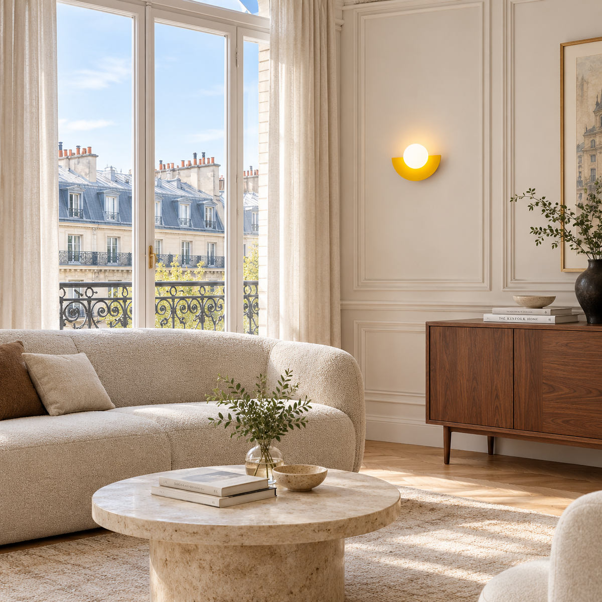 Applique Boule Jaune — mise en situation salon parisien lumière du jour