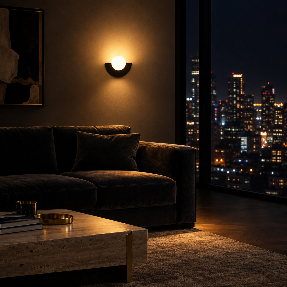 Applique Boule Noir — ambiance soir penthouse contemporain
