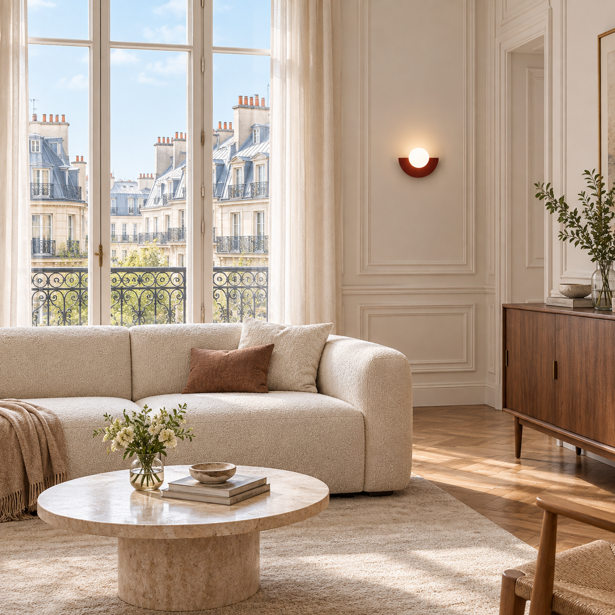Applique Boule Rouge — mise en situation salon parisien lumière du jour