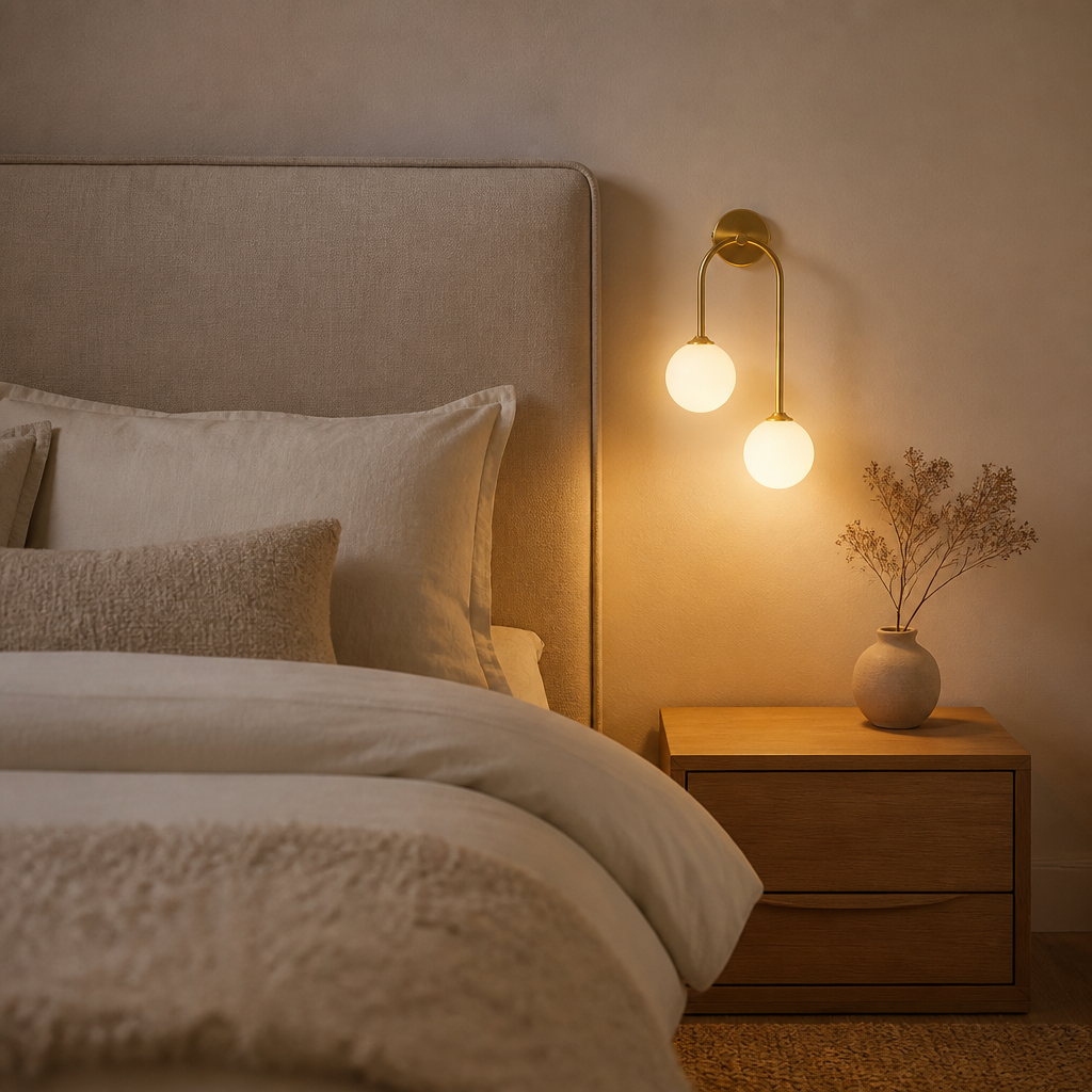 Applique Boule Verre Or Gauche — mise en situation chambre