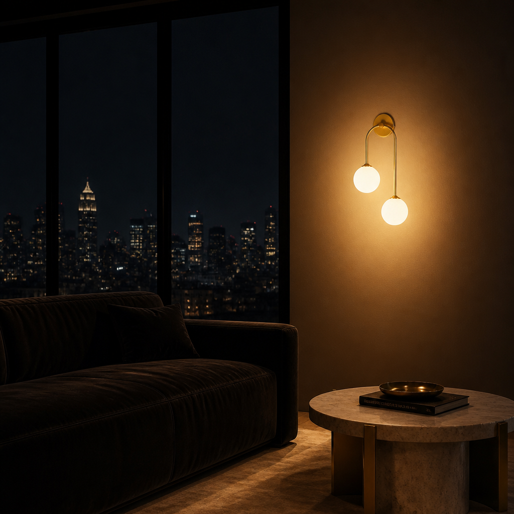 Applique Boule Verre Or Gauche — ambiance soir penthouse contemporain