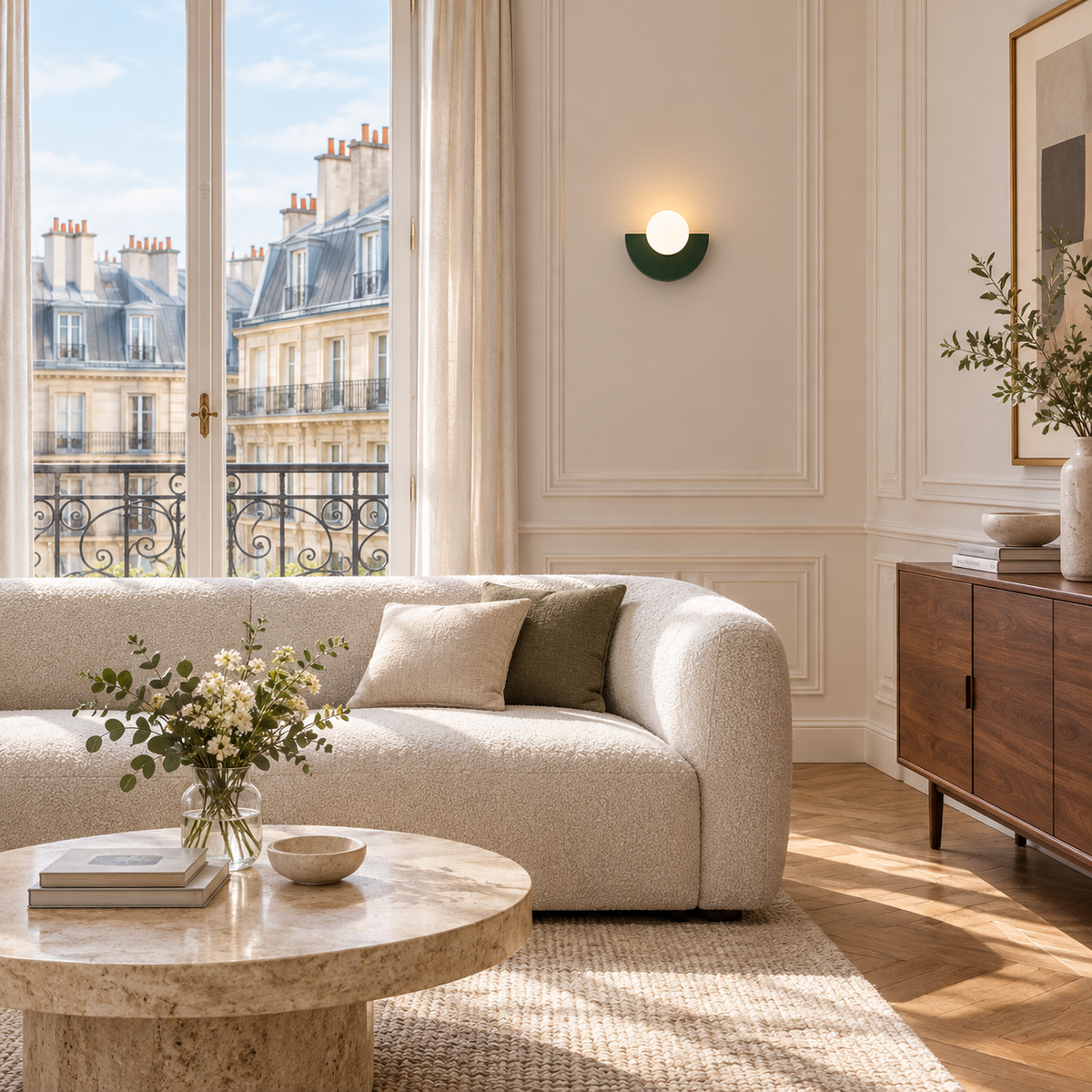 Applique Boule Vert Foncé — mise en situation salon parisien lumière du jour