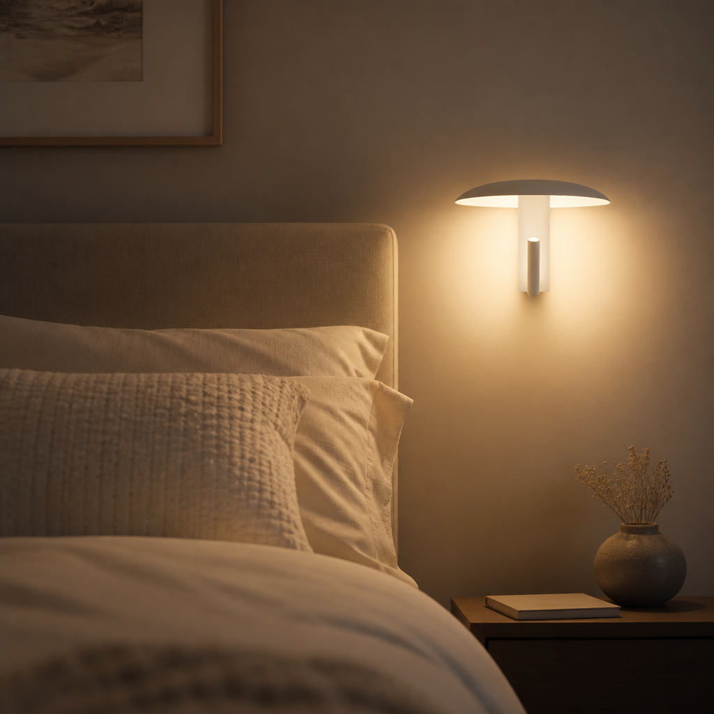 Applique Champignon LED Spot Pivotant Blanc Crème — mise en situation chambre