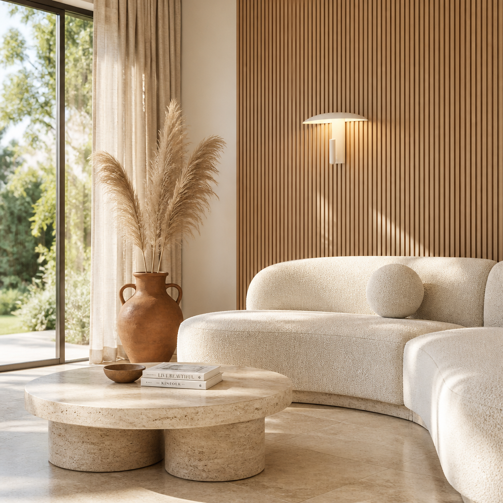 Applique Champignon LED Spot Pivotant Blanc Crème — mise en situation salon lumière du jour