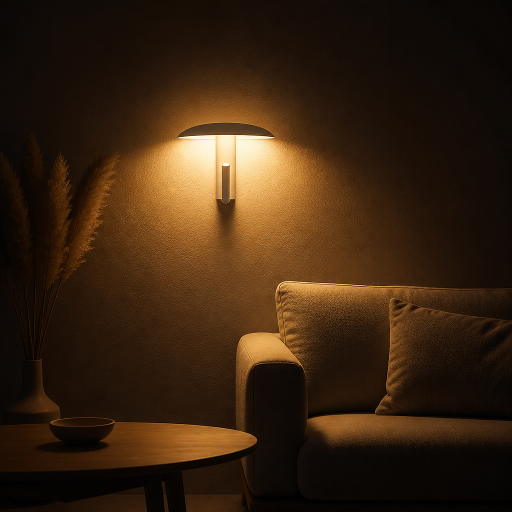 Applique Champignon LED Spot Pivotant Blanc Crème — ambiance soir salon contemporain