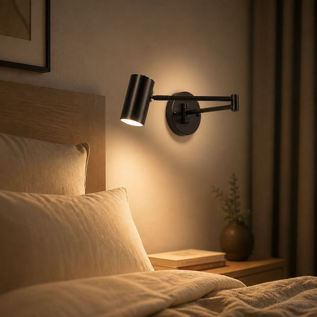 Applique Chevet Bras Articulé Or Noir Noir — mise en situation chambre