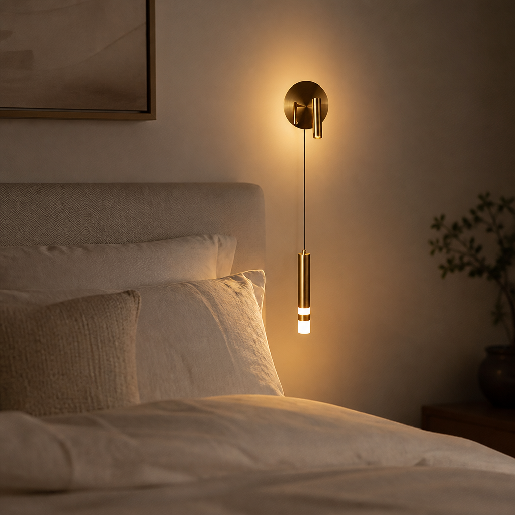 Applique Chevet Tube Suspendu Or Noir Or - B — mise en situation chambre