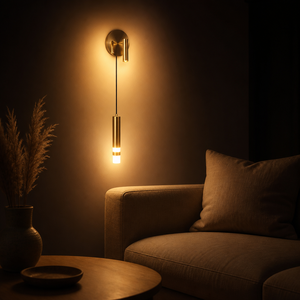 Applique Chevet Tube Suspendu Or Noir Or - B — ambiance soir salon contemporain