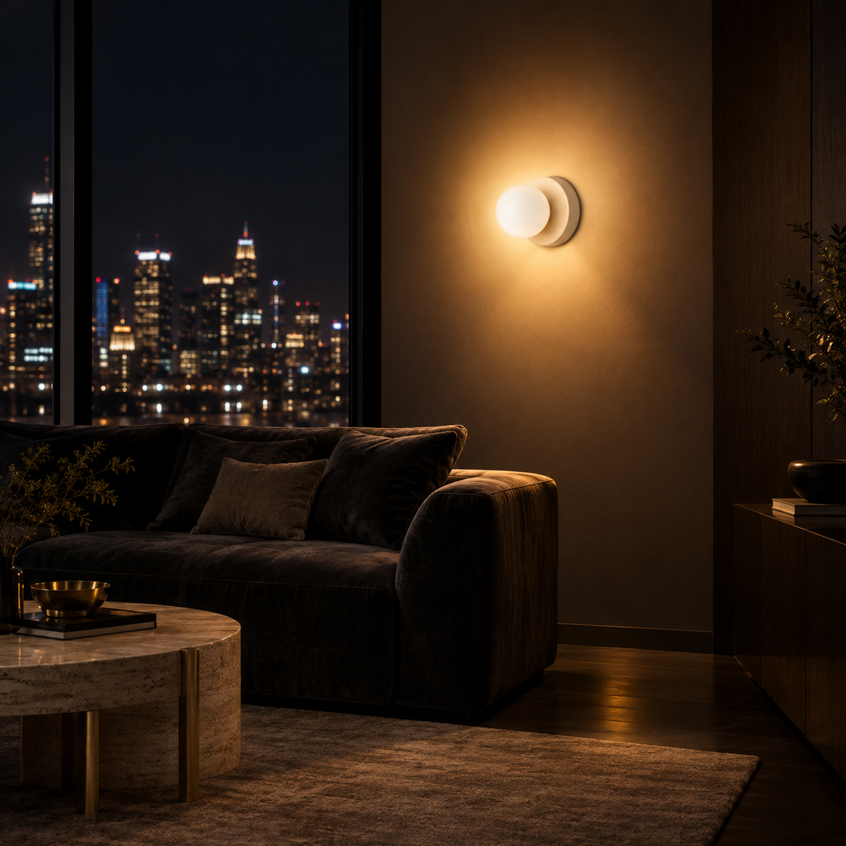 Applique Design Blanc — ambiance soir penthouse contemporain