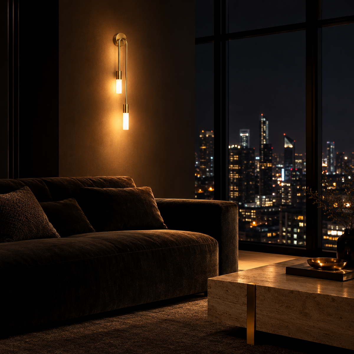 Applique Double Doré Droite — ambiance soir penthouse contemporain