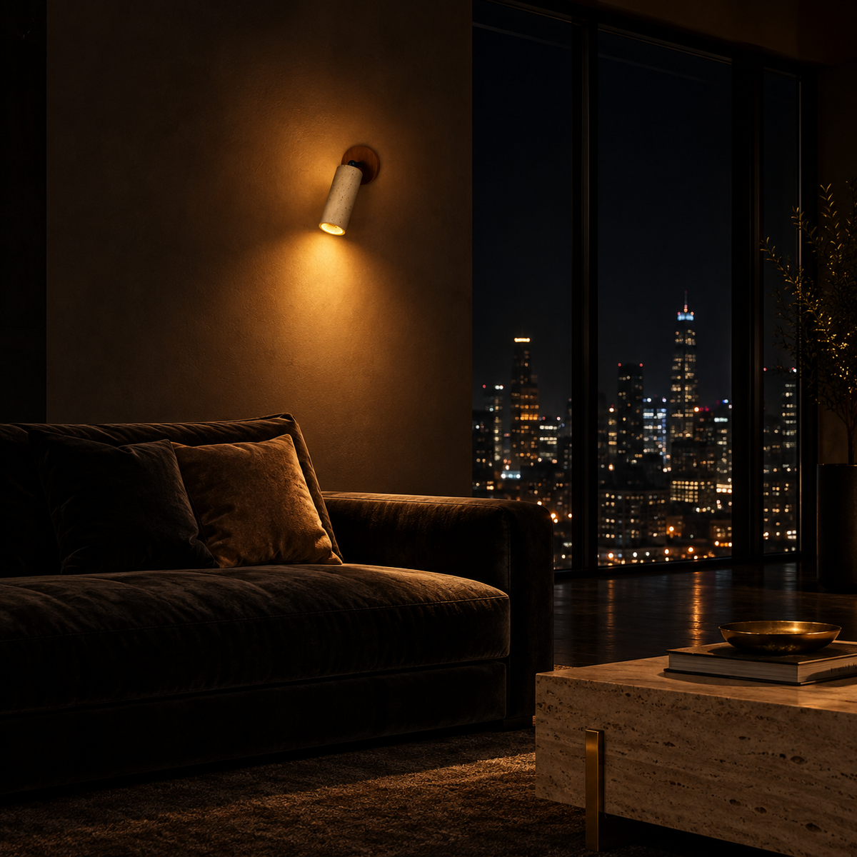Applique Japonaise Marron — ambiance soir penthouse contemporain
