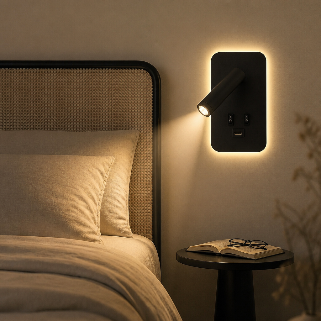 Applique Lecture LED USB Rotative Noir — mise en situation chambre
