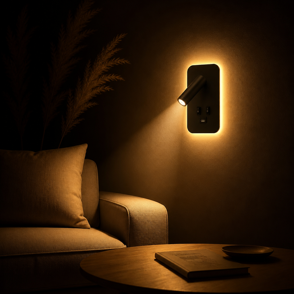 Applique Lecture LED USB Rotative Noir — ambiance soir salon contemporain