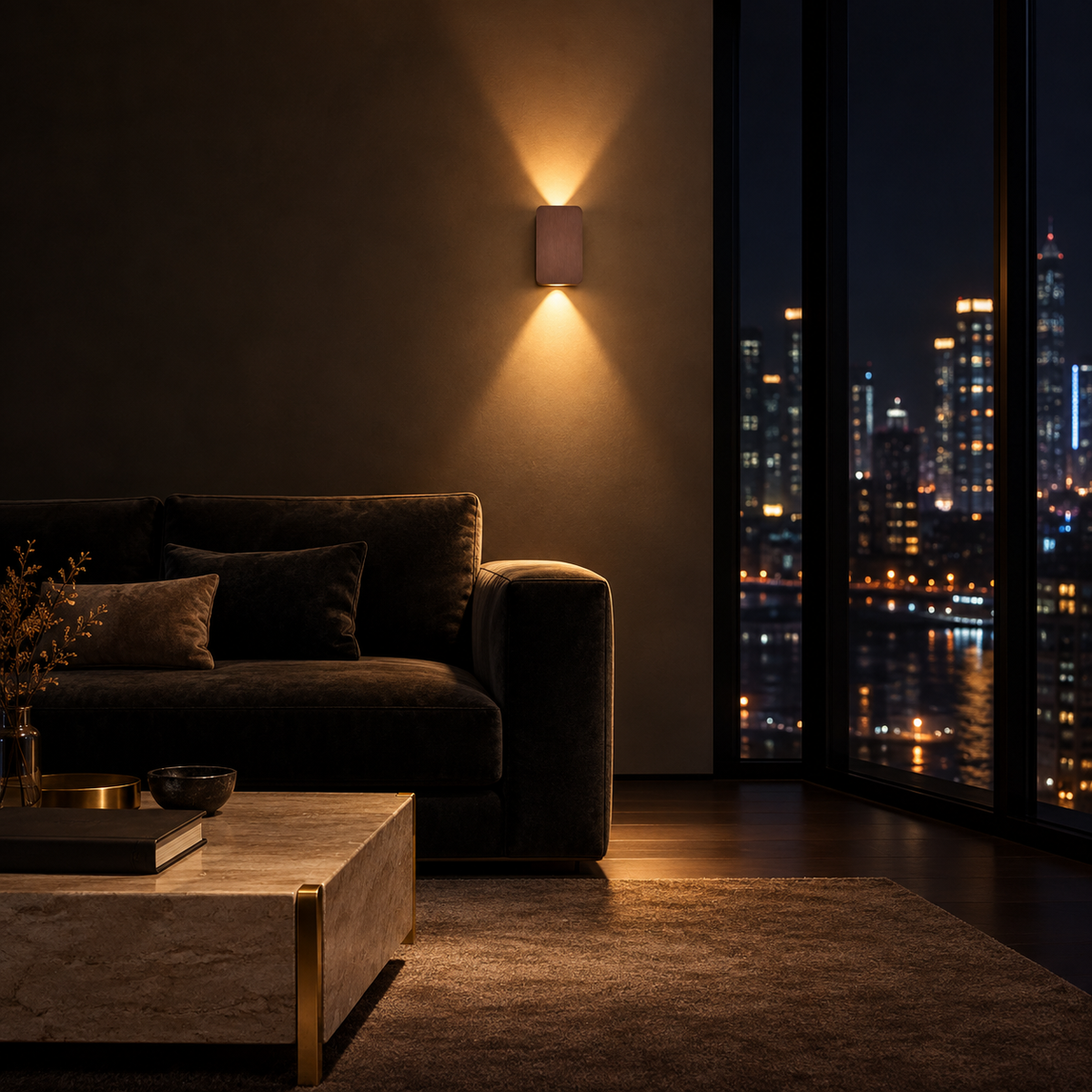 Applique LED Café — ambiance soir penthouse contemporain
