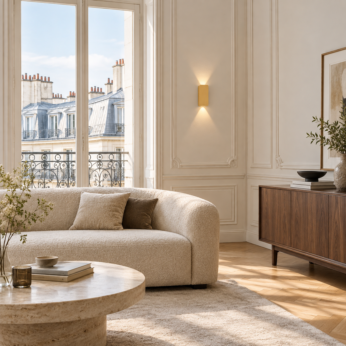 Applique LED Doré — mise en situation salon parisien lumière du jour