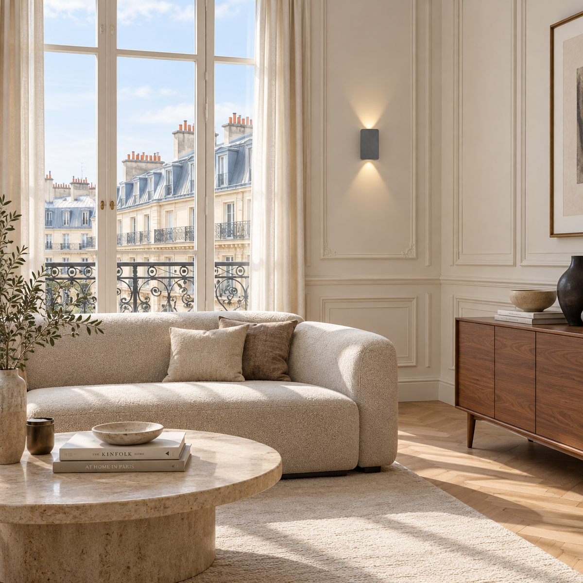 Applique LED Gris — mise en situation salon parisien lumière du jour