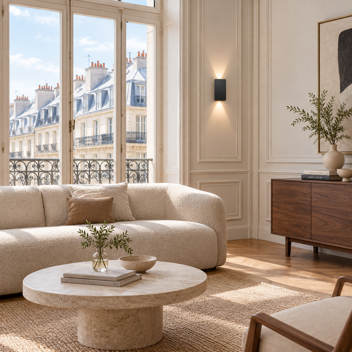 Applique LED Noir — mise en situation salon parisien lumière du jour