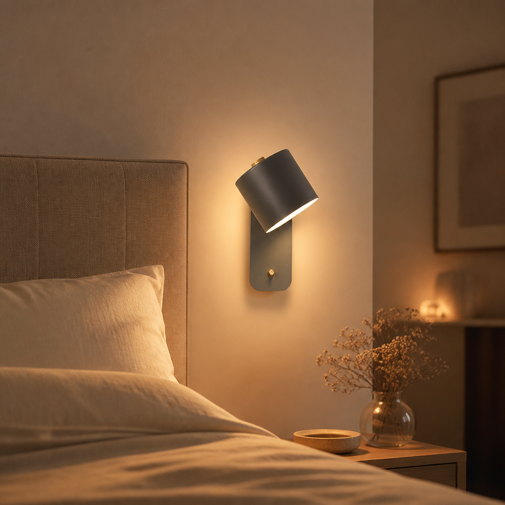 Applique LED Rotative Dimmable Design Gris — mise en situation chambre