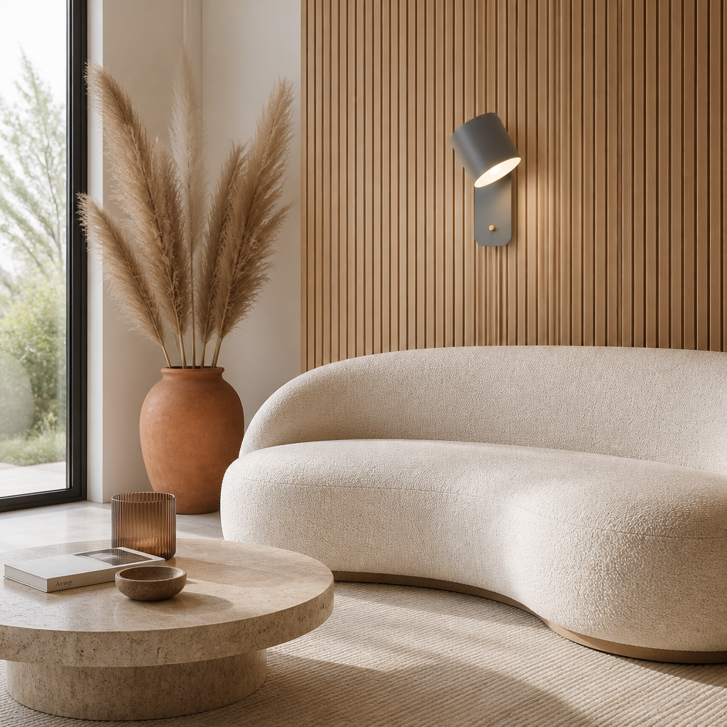 Applique LED Rotative Dimmable Design Gris — mise en situation salon lumière du jour
