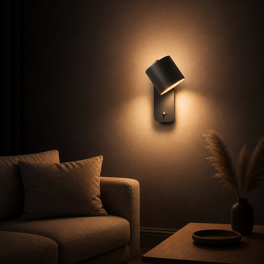 Applique LED Rotative Dimmable Design Gris — ambiance soir salon contemporain