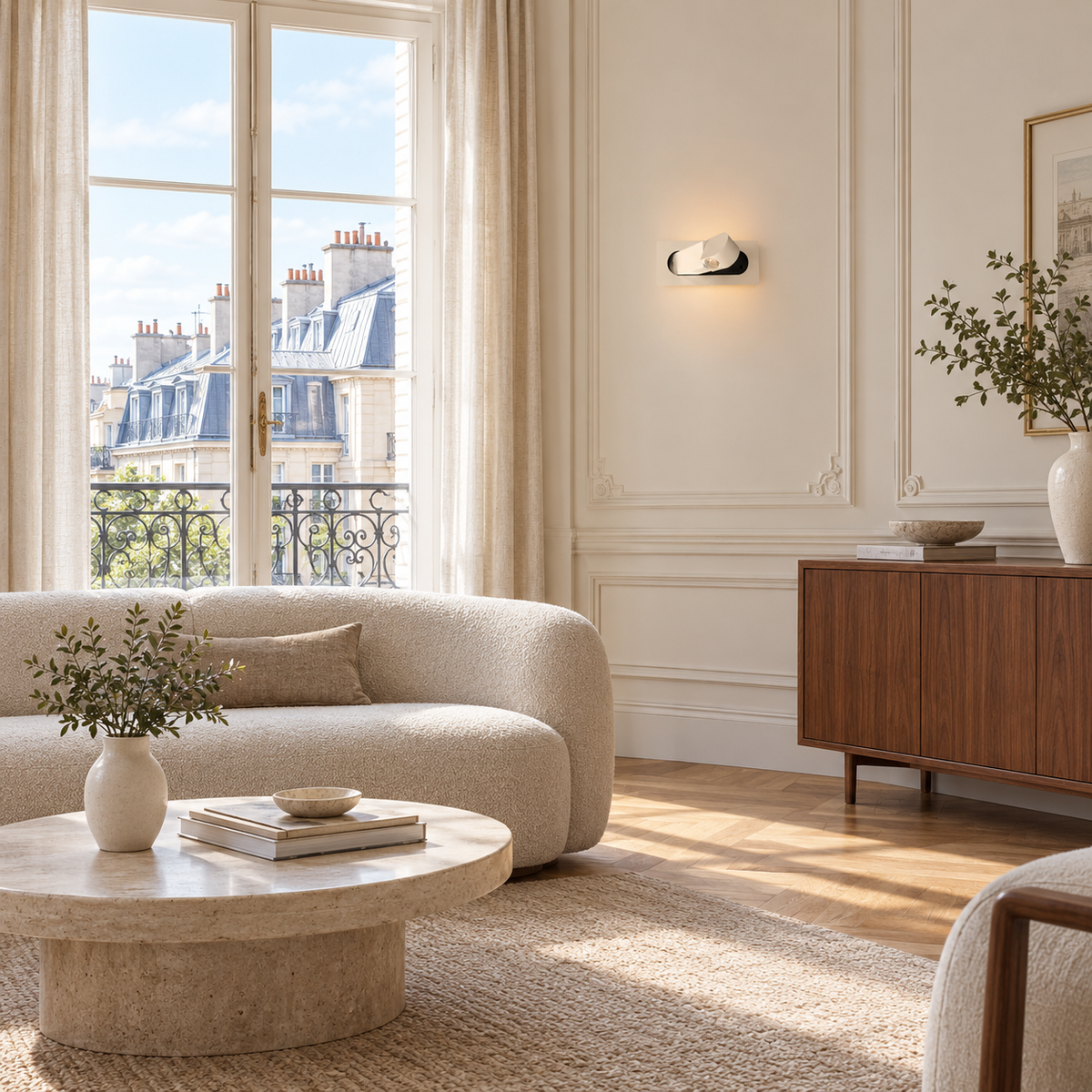 Applique Liseuse Blanc Rectangle Blanc Neutre 4000K — mise en situation salon parisien lumière du jour