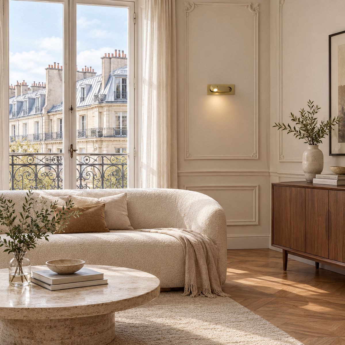 Applique Liseuse Doré Rectangle Blanc Neutre 4000K — mise en situation salon parisien lumière du jour