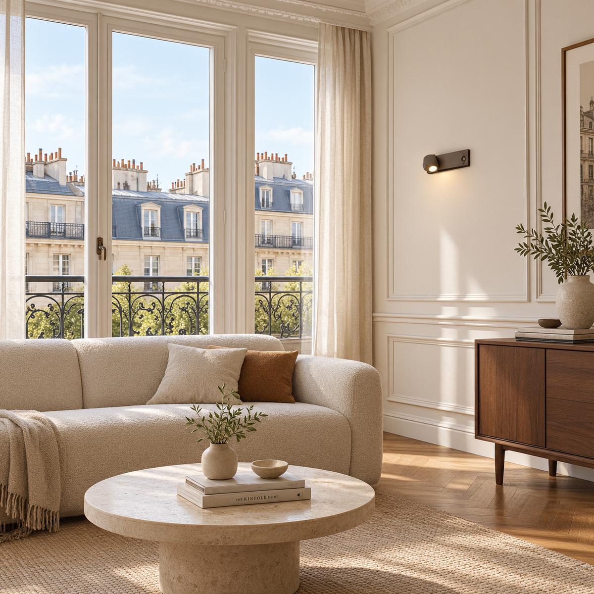 Applique Liseuse Marron Rectangle Blanc Neutre 4000K — mise en situation salon parisien lumière du jour