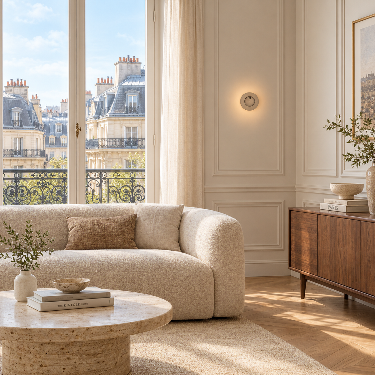 Applique Liseuse Marron Rond Blanc Neutre 4000K — mise en situation salon parisien lumière du jour