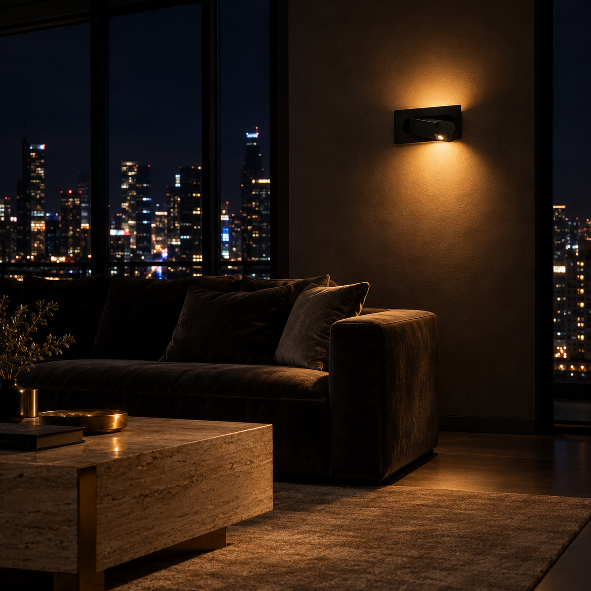 Applique Liseuse Noir Rectangle Blanc Neutre 4000K — ambiance soir penthouse contemporain