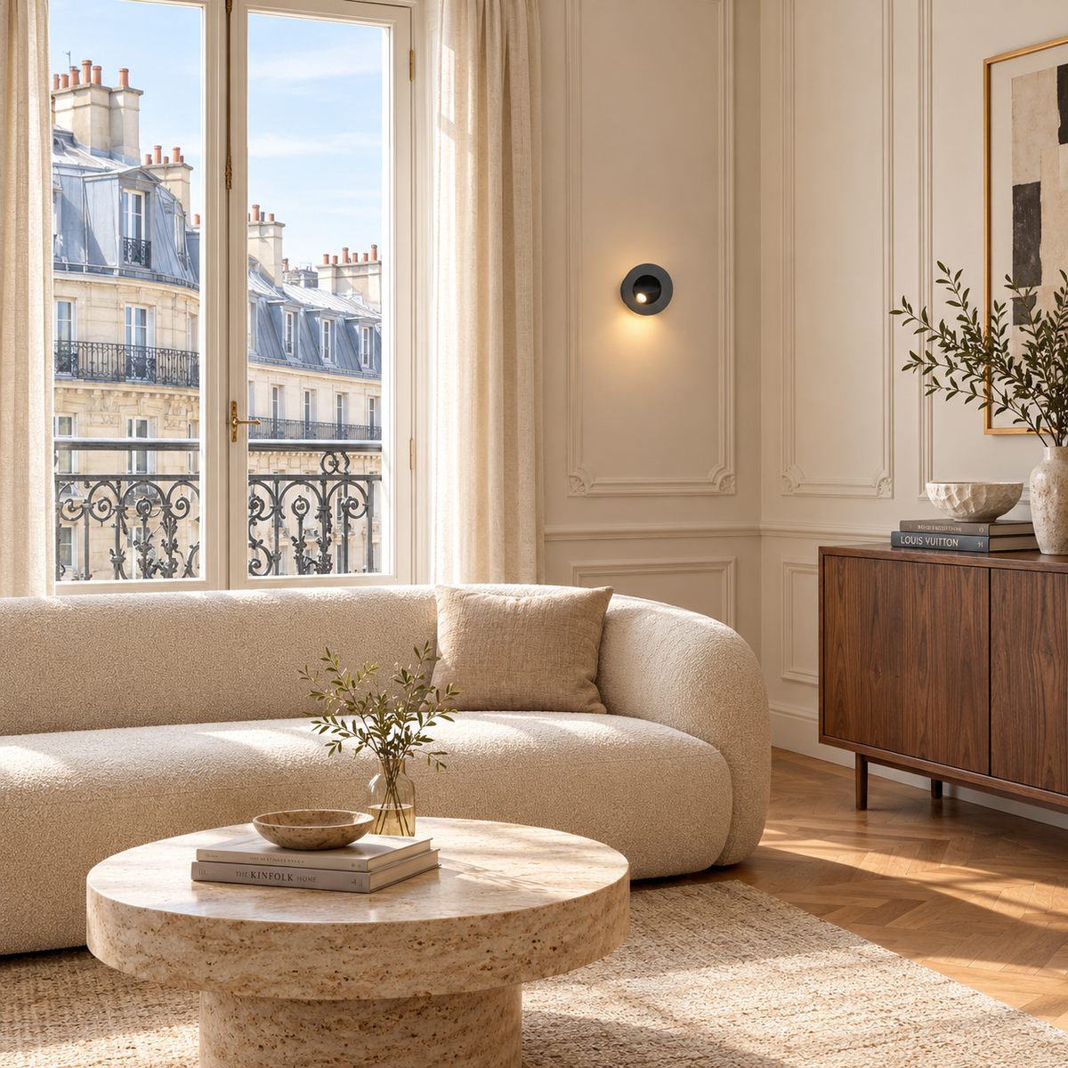 Applique Liseuse Noir Rond Blanc Neutre 4000K — mise en situation salon parisien lumière du jour