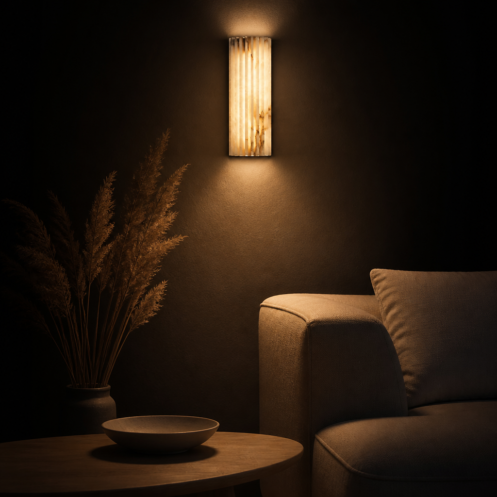 Applique Marbre Cannelé Style Italien — ambiance soir salon contemporain
