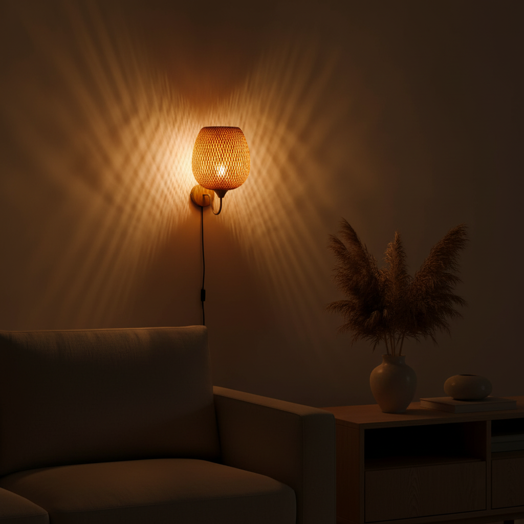 Applique Murale Bambou — ambiance soir salon scandinave