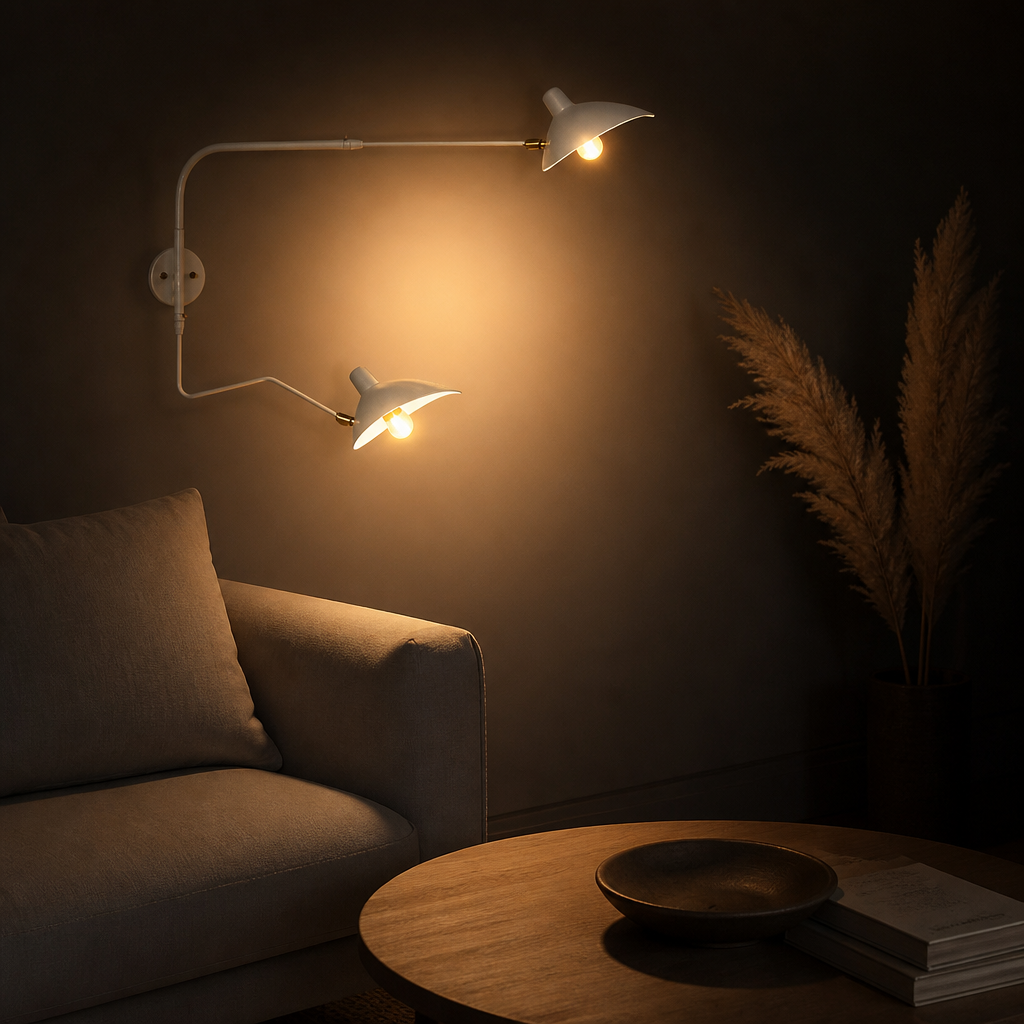 Applique Murale Design Bras Articulé Double 100cm Blanc — ambiance soir salon scandinave