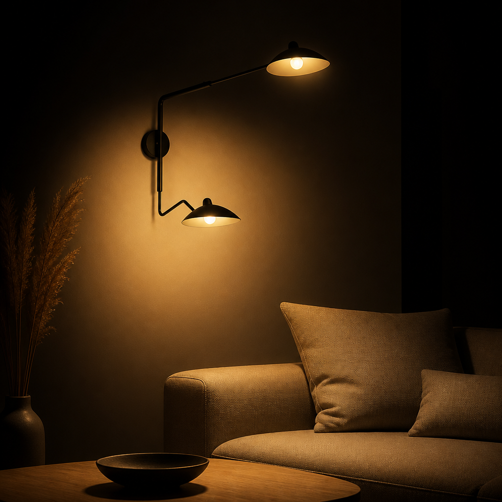 Applique Murale Design Bras Articulé — ambiance soir salon scandinave