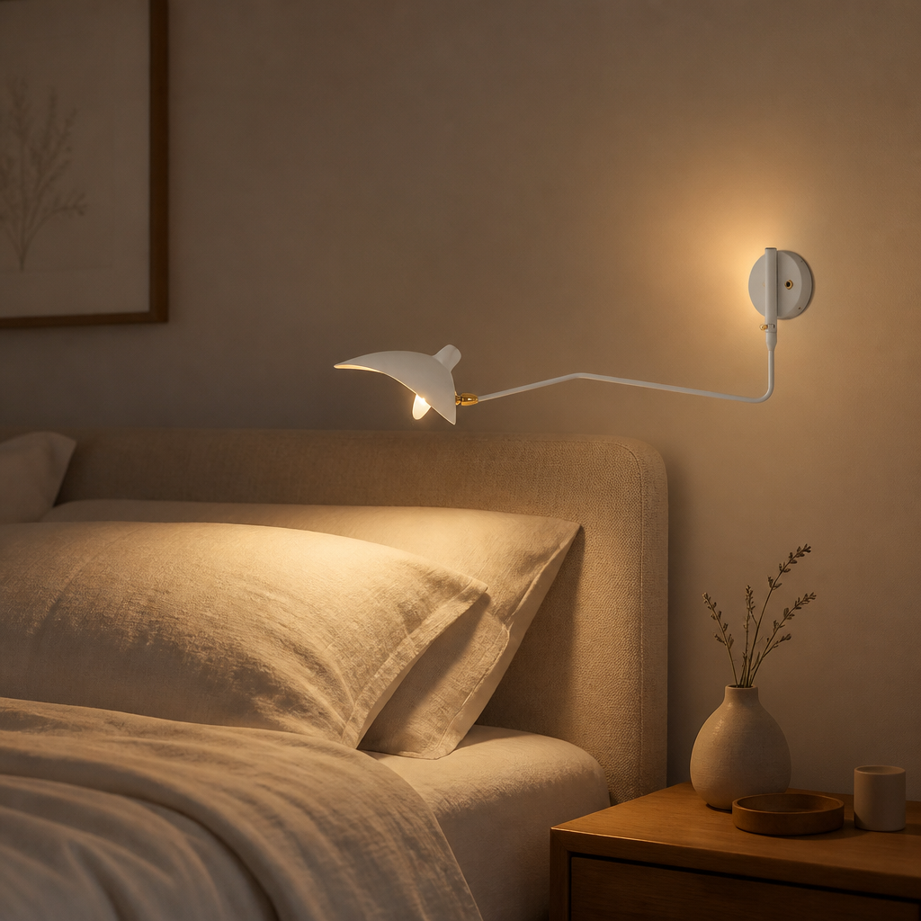 Applique Murale Design Bras Articulé Simple 65cm Blanc — mise en situation chambre