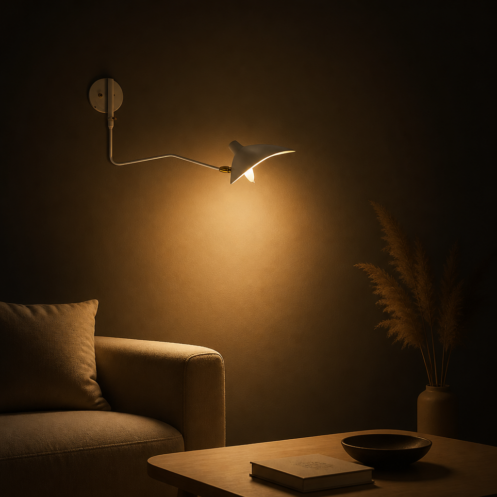 Applique Murale Design Bras Articulé Simple 65cm Blanc — ambiance soir salon scandinave